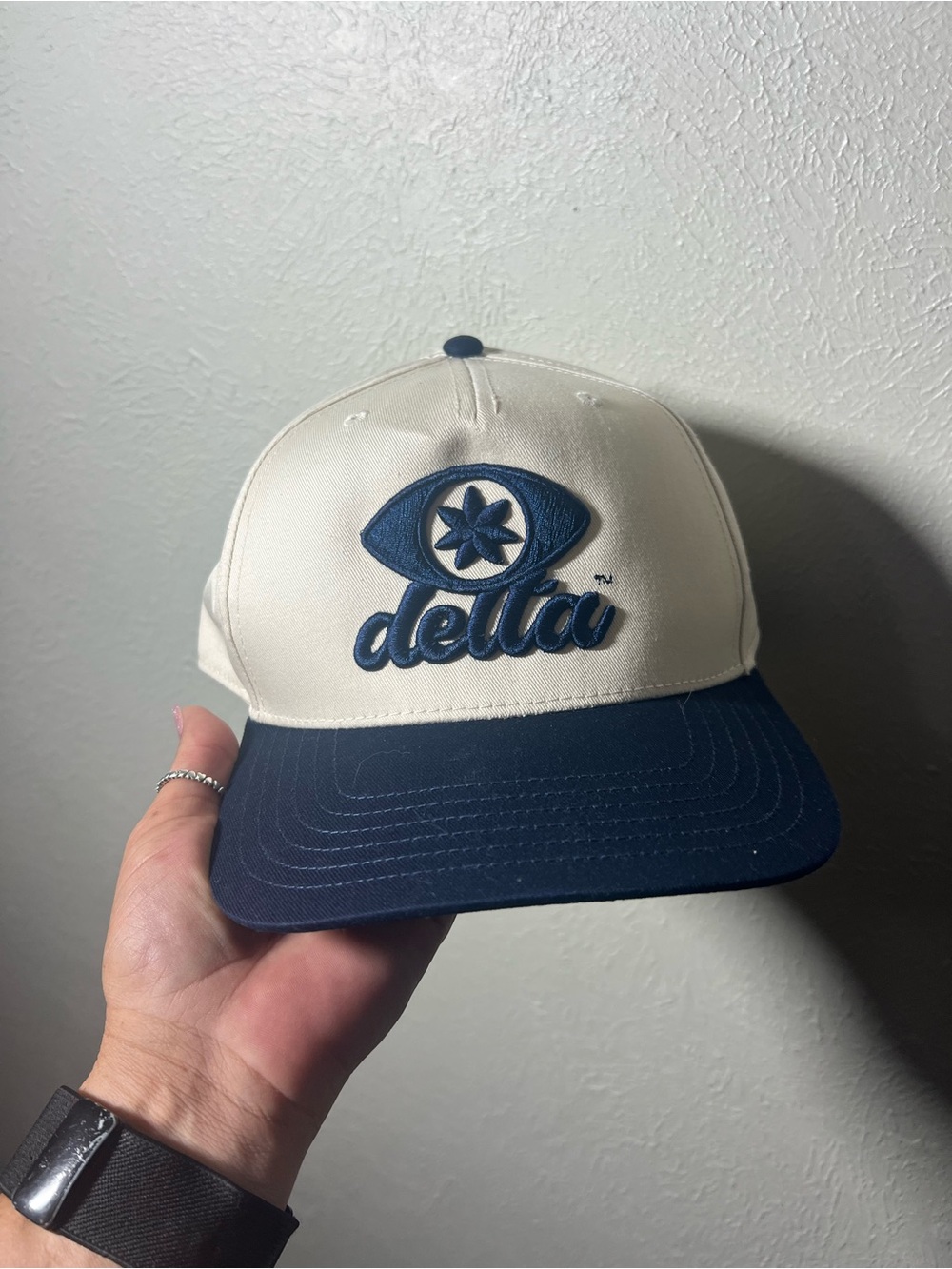 delta Mens Two-Tone Navy and Cream Snapback Trucker Hat